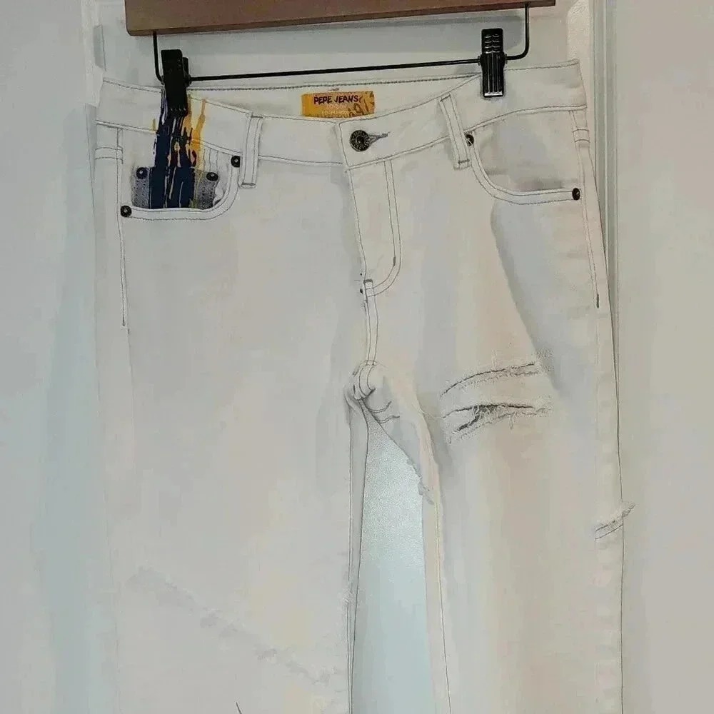 Pepe Jeans London Distressed White Denim Jeans Ripped Details Size 29